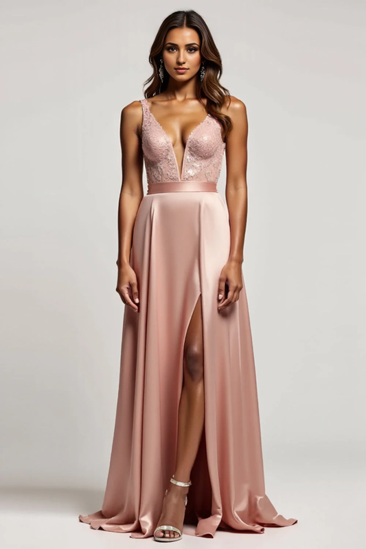 AABEI DRESS Hot Sale Prom Dress Exquisite A Line Deep V-Neck Fashion Long With Slit Formal Dress