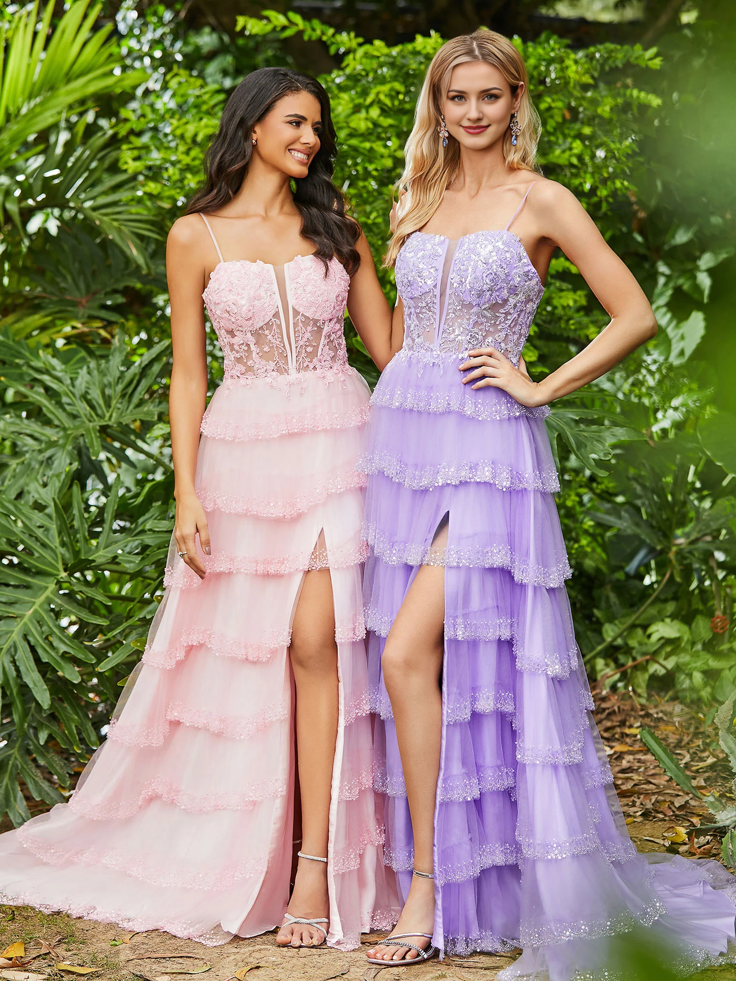 Prom Dress Flower Applique Corset Bodice Top Tulle Tiered Dresses