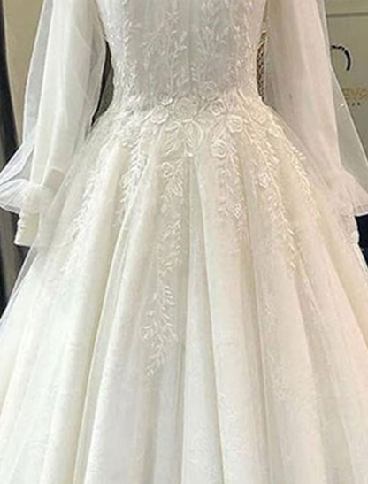 Engagement Vintage 1940s / 1950s Formal Wedding Dresses Chapel Train Ball Gown Long Sleeve High Neck Lace With Pleats Appliques