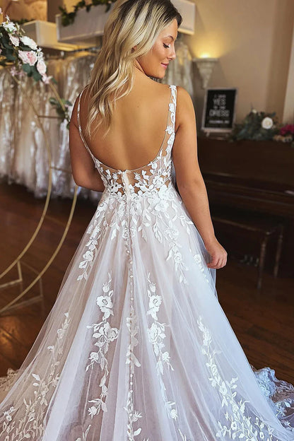 Wedding Dress A-Line V-Neck Backless Long Lace