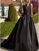 Elegant Dress Formal Fall Sweep / Brush Train Sleeveless V Neck Satin with Pleats Evening Dress