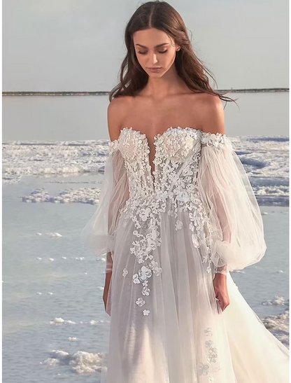 Beach Formal Wedding Dresses Court Train A-Line Long Sleeve One Shoulder Lace With Appliques