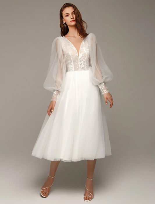 Hall Vintage 1940s / 1950s Little White Dresses Wedding Dresses Tea Length A-Line Long Sleeve V Neck Satin With Appliques Solid Color