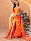 A-Line Evening Gown Celebrity Style Dress Formal Sweep / Brush Train Sleeveless V Neck Satin with Crystals Slit