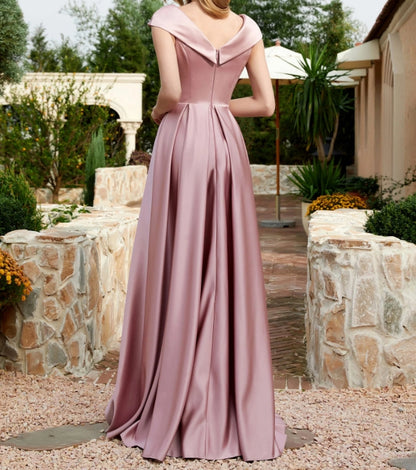 Evening Dress Satin Cap Sleeve Pocket Split fork Dress