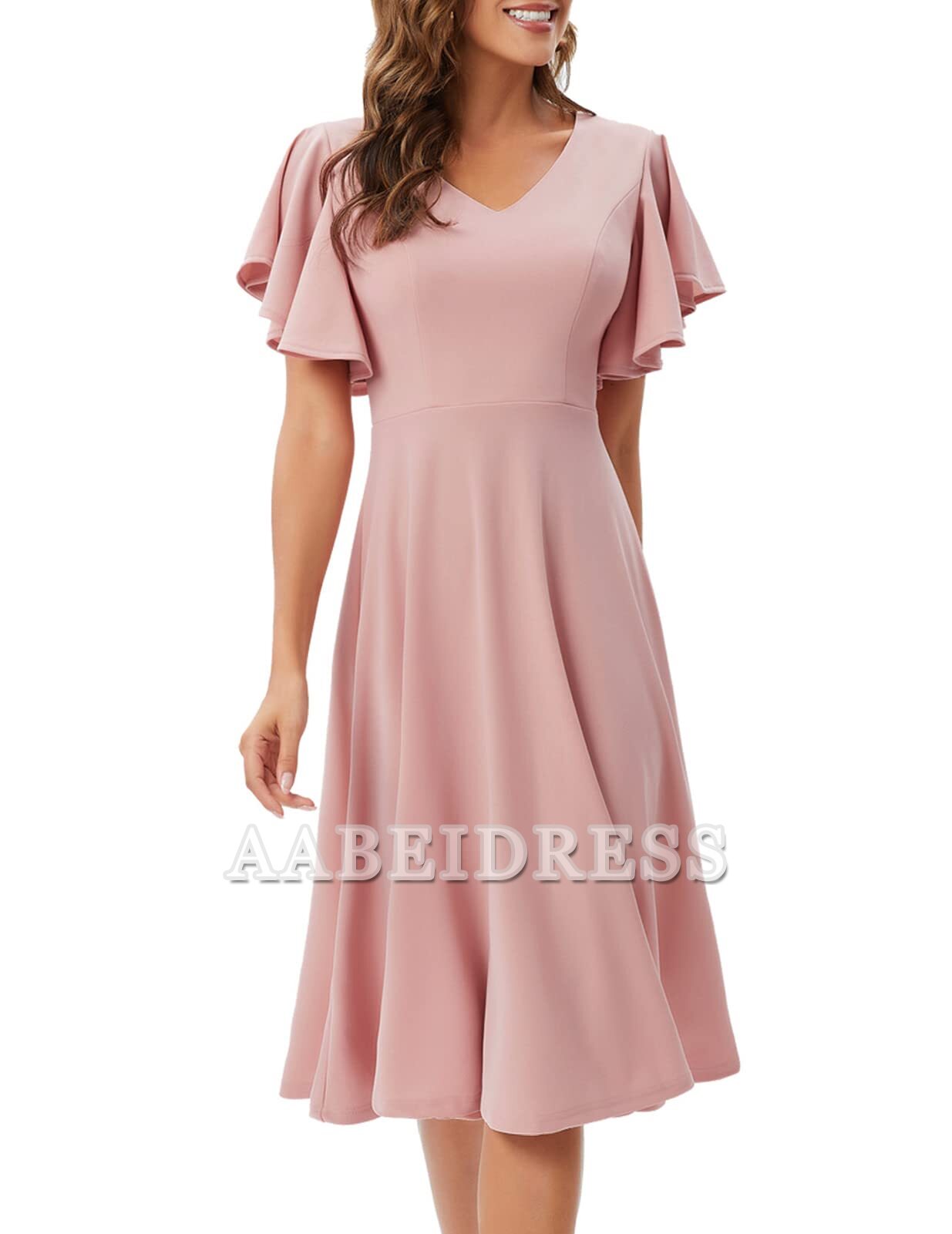 Formal Wear Dresses Bridesmaid Dresses A Line V Neck Short Sleeve Elegant Simple Tea-Length Dresses Wedding Guests Dresses