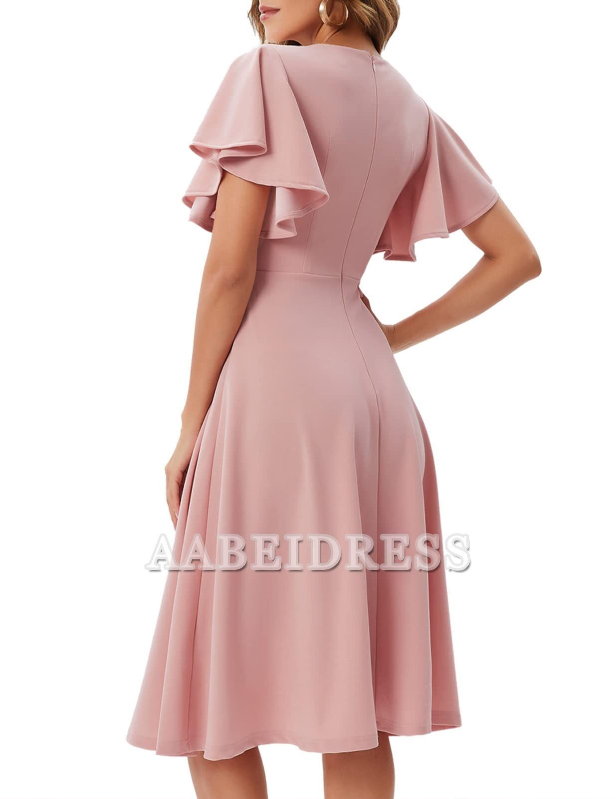 Formal Wear Dresses Bridesmaid Dresses A Line V Neck Short Sleeve Elegant Simple Tea-Length Dresses Wedding Guests Dresses