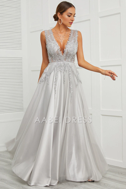 AABEI DRESS Hot Sale Prom Dress Exquisite A Line Deep V Neck Sleeveless Backless Retro Appliques Long Party Dress