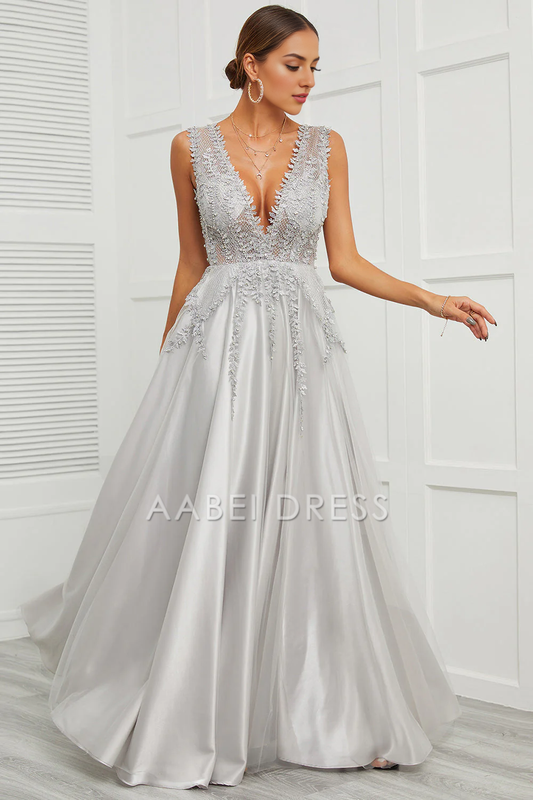 AABEI DRESS Hot Sale Prom Dress Exquisite A Line Deep V Neck Sleeveless Backless Retro Appliques Long Party Dress