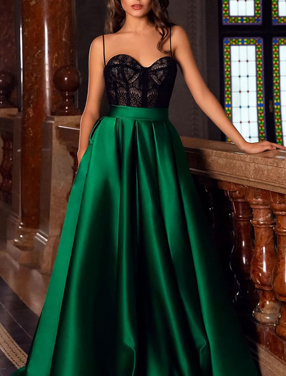 A-Line Evening Gown Corsets Dress Masquerade Floor Length Sleeveless Spaghetti Strap Satin with Appliques