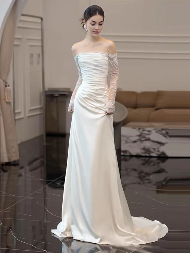 Wedding Dress Lace Long Sleeves Strapless Sheath Elegant Simple Formal Dresses