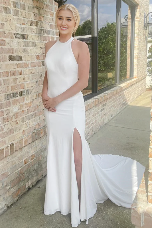 AABEI DRESS Elegant Simple Wedding Dress Off Shoulder Halter Mermaid Long with Slit Formal Dresses