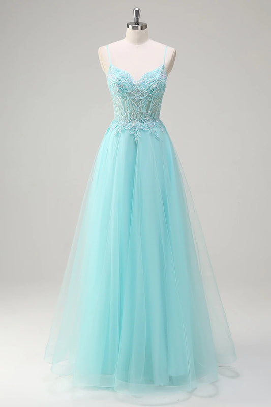 AABEI DRESS Hot Sale Prom Dress Exquisite A-Line V Neck Spaghetti Straps Appliques Backless Long Party Dress