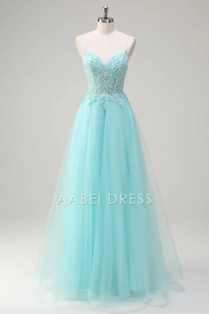 AABEI DRESS Hot Sale Prom Dress Exquisite A-Line V Neck Spaghetti Straps Appliques Backless Long Party Dress