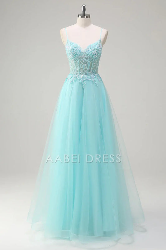 AABEI DRESS Hot Sale Prom Dress Exquisite A-Line V Neck Spaghetti Straps Appliques Backless Long Party Dress