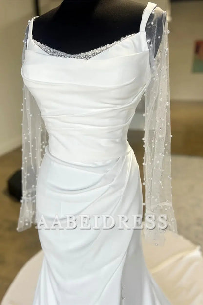 AABEI DRESS High Quality Intricate Wedding Dress Backless Ruched Wedding Dress Detachable Pearl Sleeves Unique Formal Dresses
