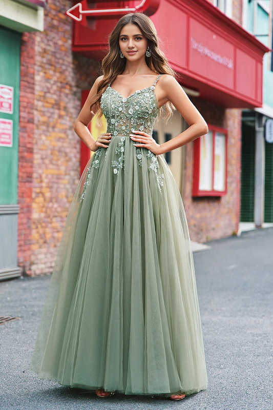 AABEI DRESS Hot Sale Prom Dress Gorgeous Floral Corset Spaghetti Strap Backless Tulle Long With Lace Exquisite Formal Dress