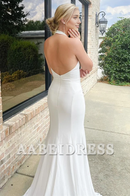 AABEI DRESS Elegant Simple Wedding Dress Off Shoulder Halter Mermaid Long with Slit Formal Dresses