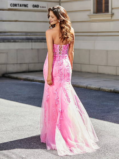 Prom Dress Applique Strapless Lace Up Back Mermaid Tulle Gown Dress