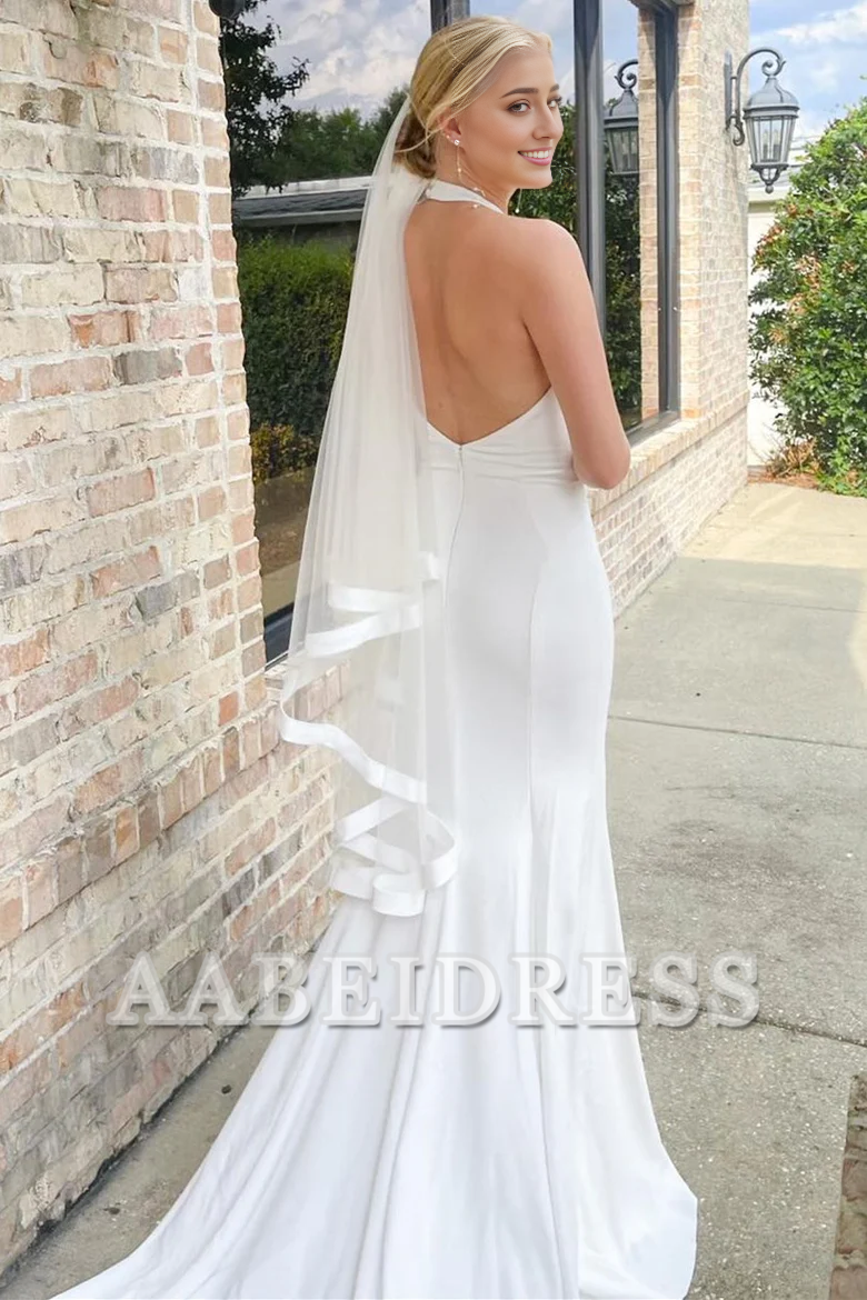 AABEI DRESS Elegant Simple Wedding Dress Off Shoulder Halter Mermaid Long with Slit Formal Dresses