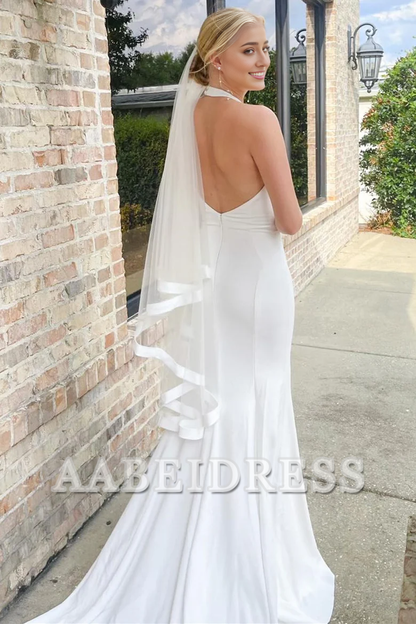 AABEI DRESS Elegant Simple Wedding Dress Off Shoulder Halter Mermaid Long with Slit Formal Dresses