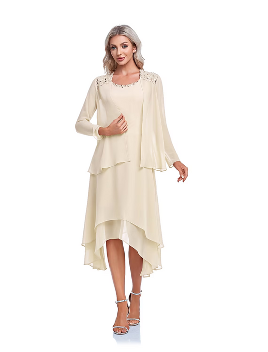 A-Line Mother of the Bride Dress Elegant High Low Wrap Included Jewel Neck Asymmetrical Tea Length Imitated Silk Sleeveless Wrap Included with Beading Ruffles Embroidery