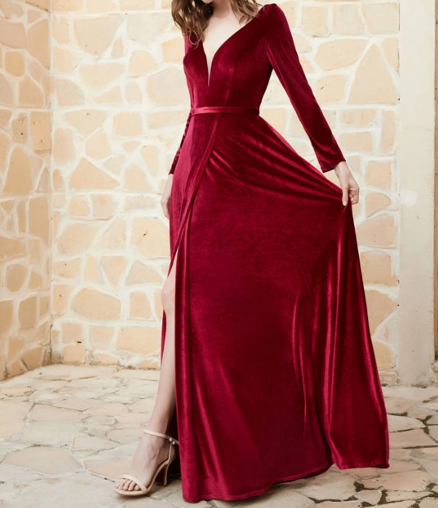 Evening Dress V-Neck Velvet Dress Long Sleeves Plunging With Slit