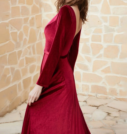 Evening Dress V-Neck Velvet Dress Long Sleeves Plunging With Slit