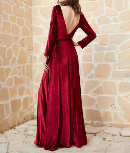 Evening Dress V-Neck Velvet Dress Long Sleeves Plunging With Slit