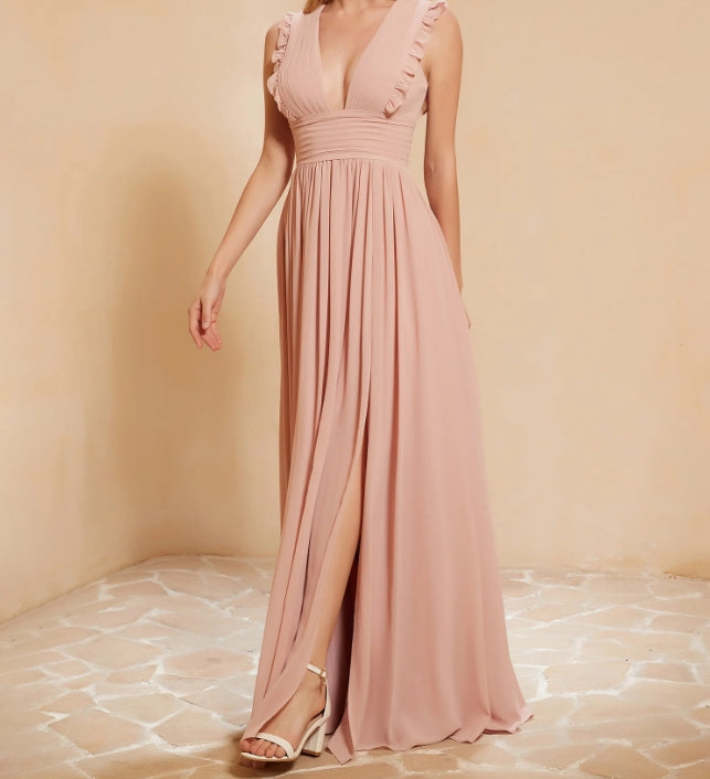 Evening Dress V-Neck Ruffles Pleated Split fork Dress