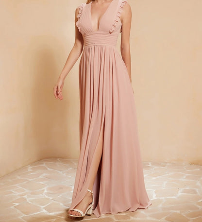 Evening Dress V-Neck Ruffles Pleated Split fork Dress