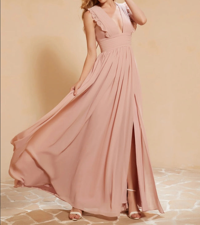 Evening Dress V-Neck Ruffles Pleated Split fork Dress