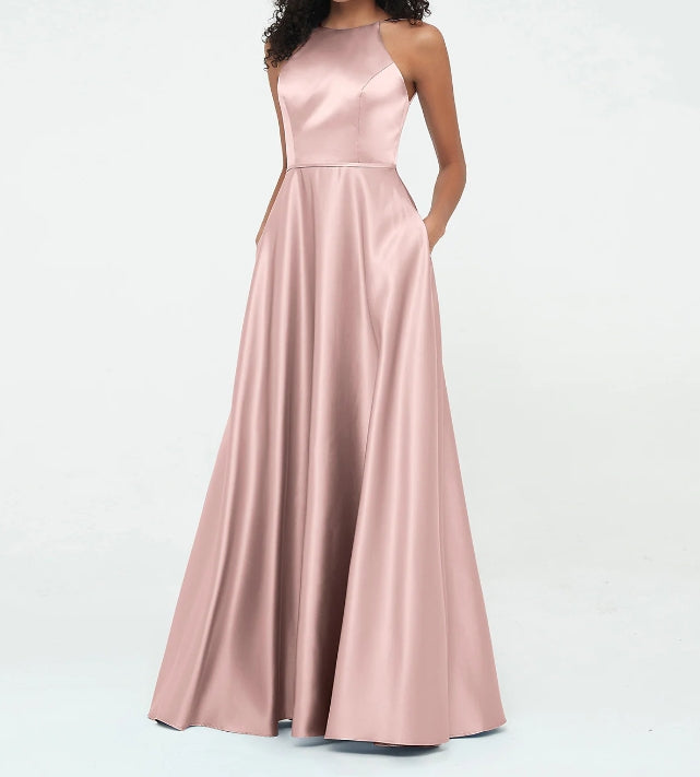 Evening Dress A-Line Halter Satin Pockets Dresses