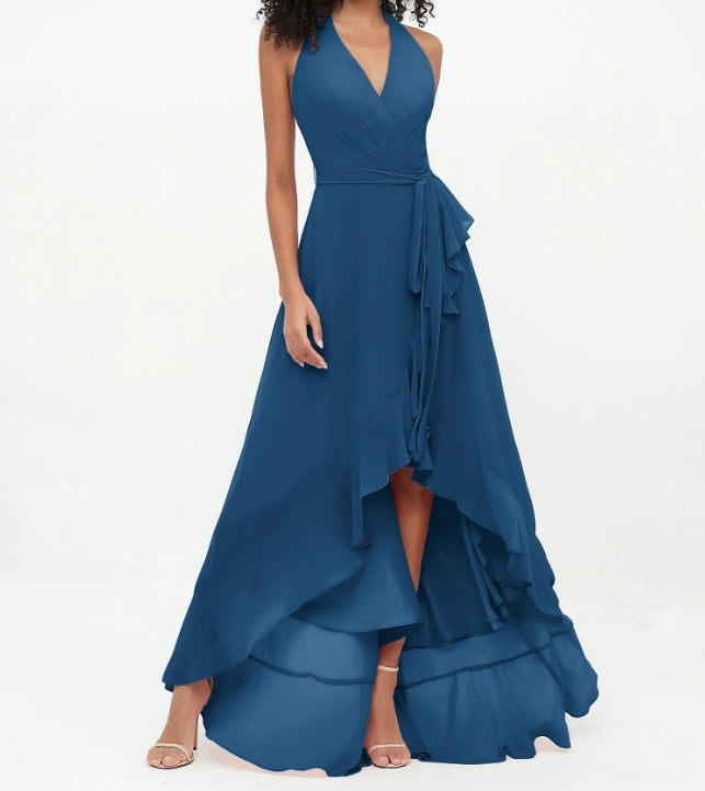 Evening Dress Halter Deep V Neck Chiffon Asymmetrical Dresses