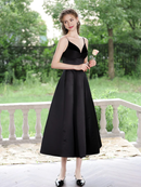 Hepburn style Simple V Neck Satin Spaghetti Strap Length Prom Dress Formal Temperament Party dress