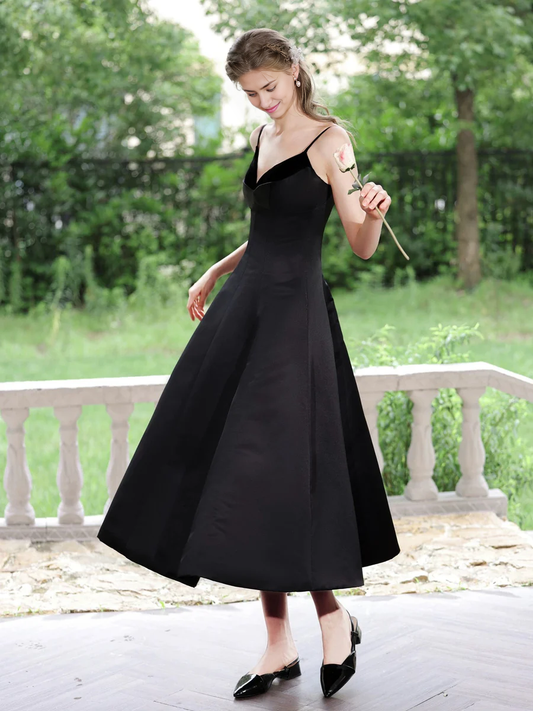 Hepburn style Simple V Neck Satin Spaghetti Strap Length Prom Dress Formal Temperament Party dress