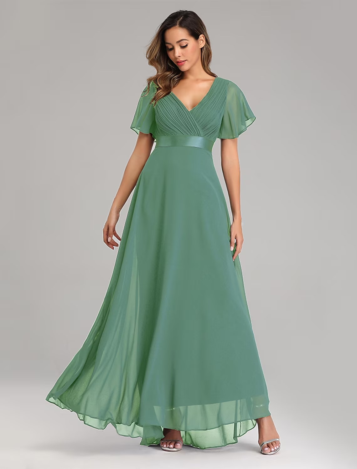 A-Line Prom Dresses Maxi Dress Graduation Floor Length Short Sleeve V Neck Chiffon V Back with Ruched Ruffles