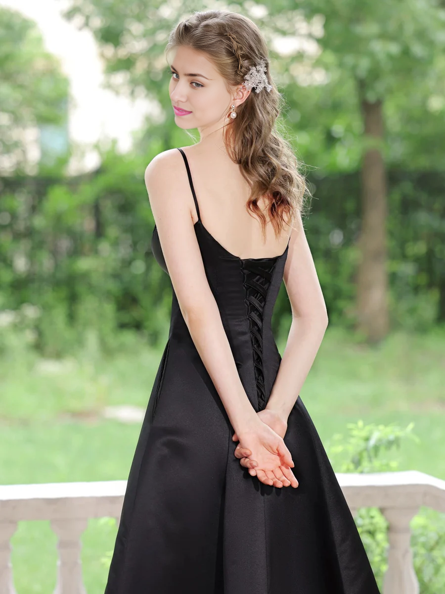 Hepburn style Simple V Neck Satin Spaghetti Strap Length Prom Dress Formal Temperament Party dress