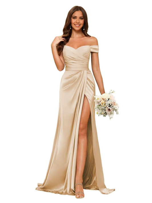 Bridesmaid Dresses Elegant Off Shoulder Mermaid Side Fork Long Ruched Satin Wedding Guest Dresses