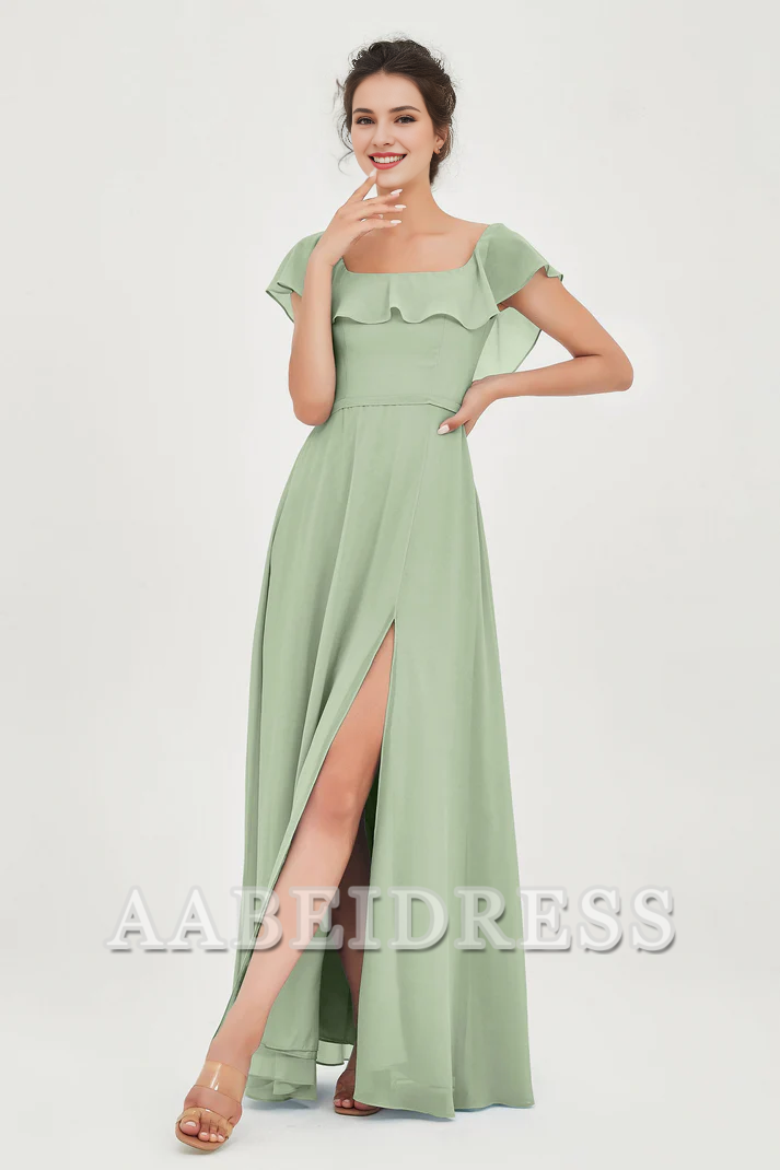 AABEI DRESS Bridesmaid Dresses Chiffon A-Line Square Neckline Flutter Sleeves Ruffle Side Fork Elegant Simple Wedding Guests Dresse