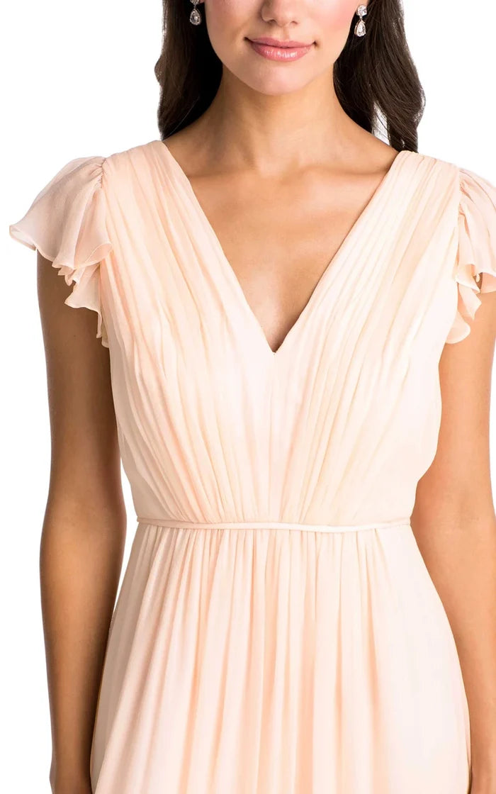 Bridesmaid Dress High-Low Cap Sleeve Ruched V-Neck Chiffon