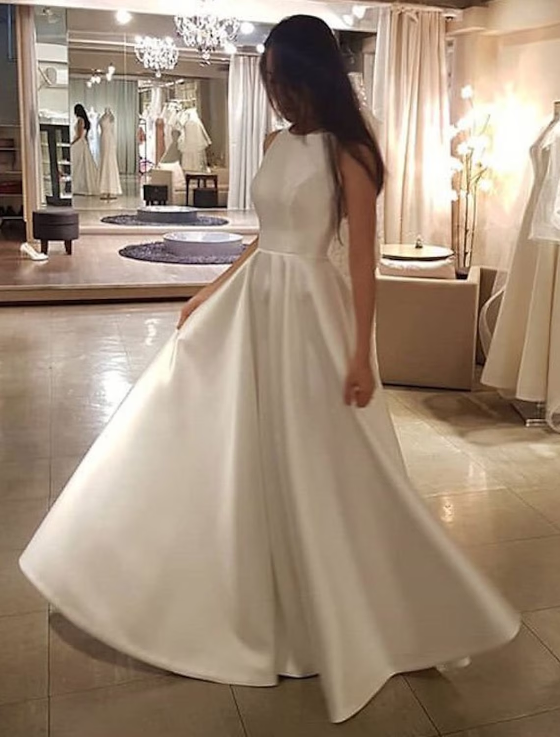 Hall Casual Wedding Dresses Sweep / Brush Train A-Line Short Sleeve Jewel Neck Satin With Solid Color