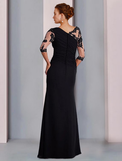 Sheath / Column Mother of the Bride Dress Formal Elegant Jewel Neck Floor Length Chiffon Lace 3/4 Length Sleeve with Beading Appliques