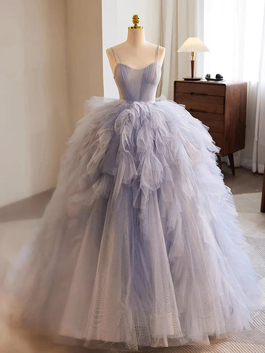 Sweet Tulle Evening Dress Spaghetti Strap Tulle layered Irregular Long Fantastic Long Gown