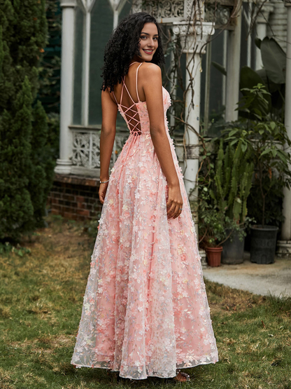 Prom Dress Spaghetti Straps Lace-Up Flowers Appliqued Dress