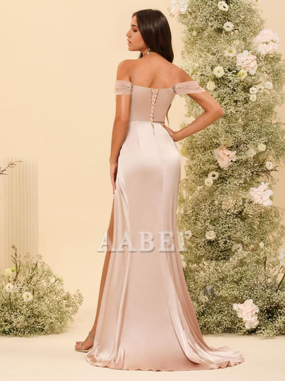 Bridesmaid Dresses Elegant Off Shoulder Mermaid Side Fork Long Ruched Satin Wedding Guest Dresses