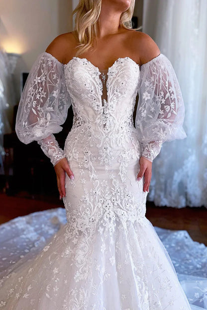 Wedding Dress Sparkly White Mermaid Detachable Long Sleeves Lace