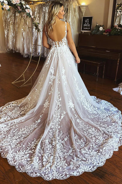 Wedding Dress A-Line V-Neck Backless Long Lace