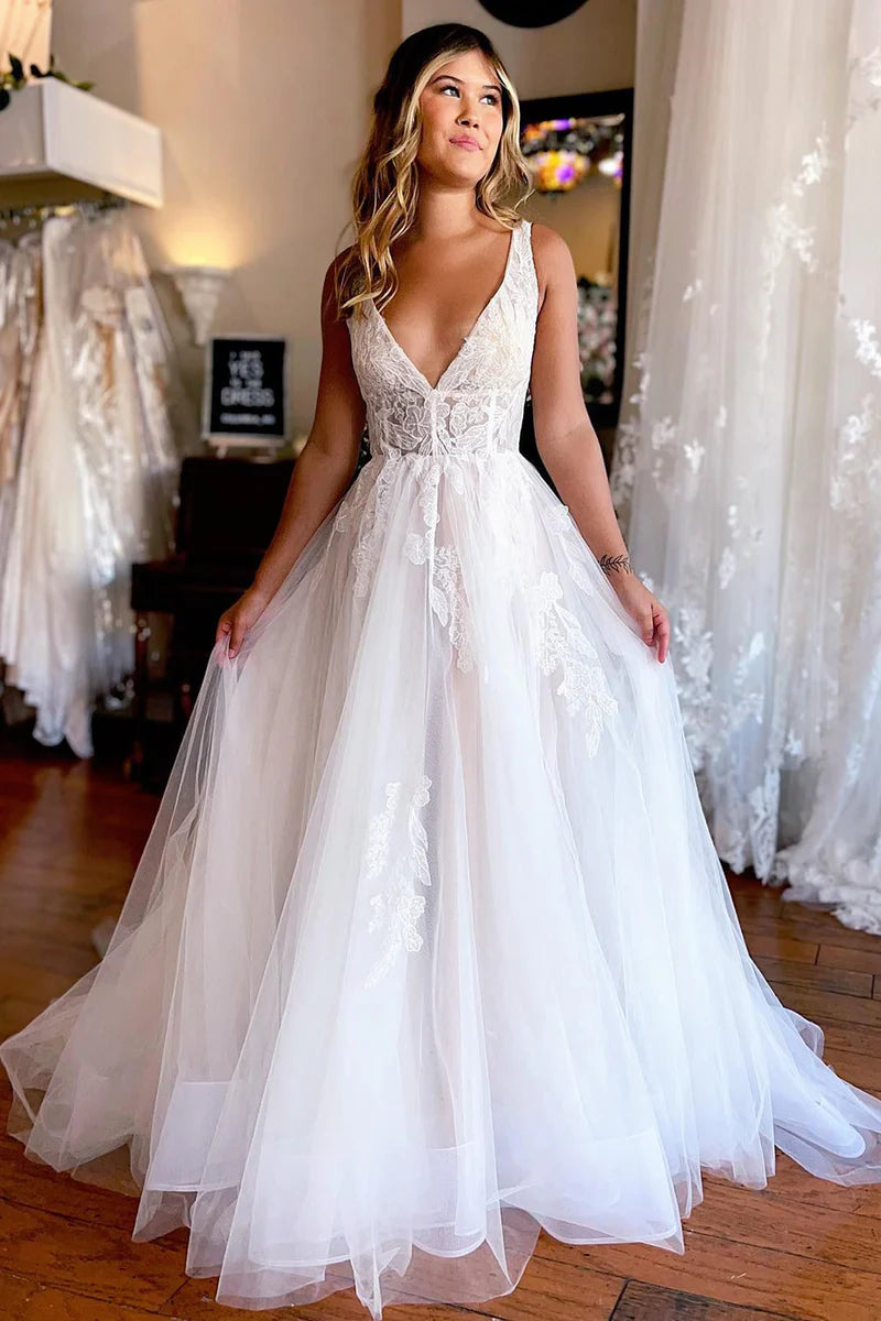 Wedding Dress A-Line Deep V-Neck Backless Long with Lace