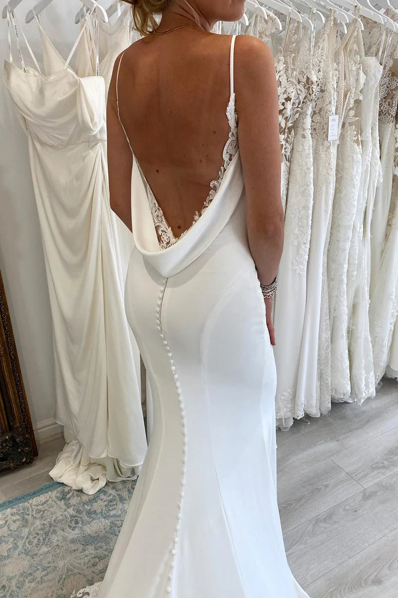 Wedding Dress White Spaghetti Straps Long Mermaid with Lace